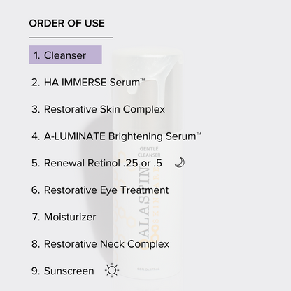 Order of use steps featuring Alastin Gentle Cleanser as the first step in a complete skincare routine, followed by serums, retinol, moisturizer, and sunscreen.